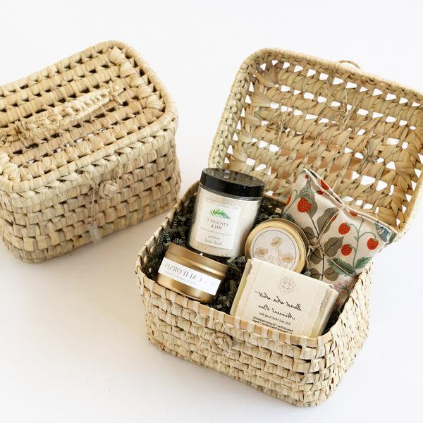 Handwoven basket filled with California spa essentials